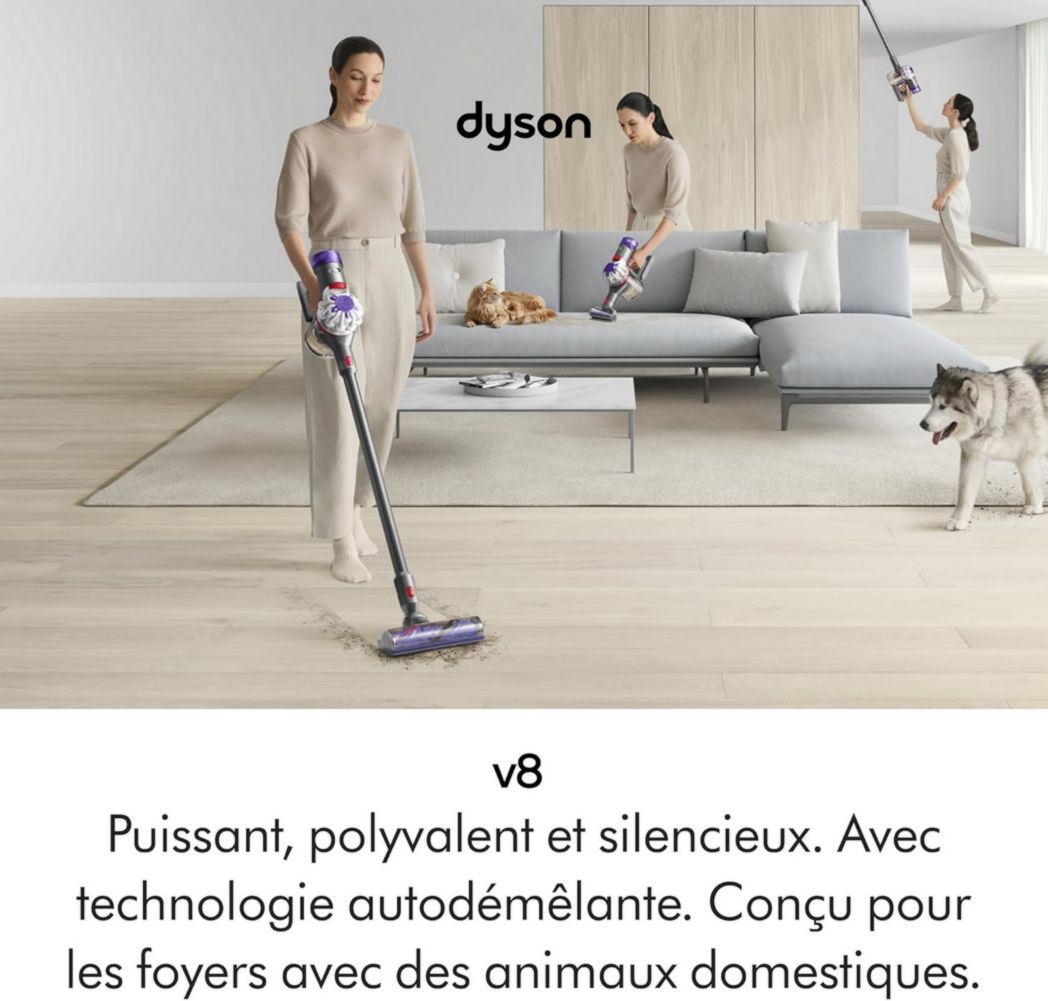 Aspirateur-balai sans fil Dyson V8 Advanced™ – 130 AW, autonomie de 40 min, brosse motorisée auto-démêlante, accessoires combinés, station d'accueil murale, argent/nickel