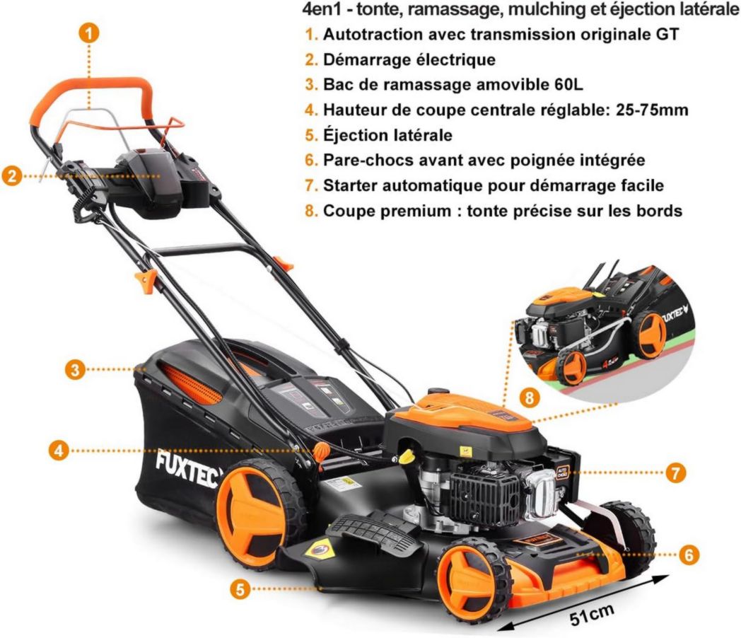 Tondeuse thermique autotractée FUXTEC FX-RM5170eS, démarrage électrique, 4 po 1, 170 cm³, 4 CV | 4 temps | Largeur 51 cm, hauteur de coupe 7 positions, bac de ramassage 60 L, fonction mulching, éjection latérale