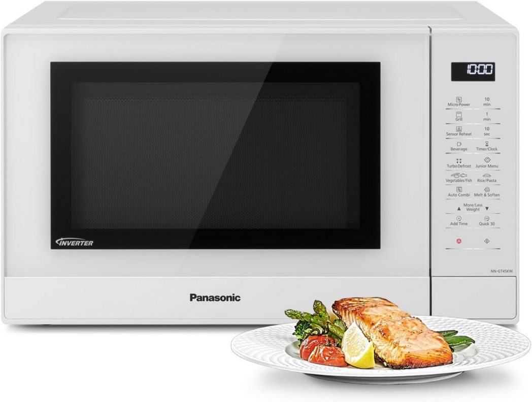 Four à micro-ondes et grill Panasonic NN-GT46KBSUG avec plateau tournant, 31 litres, acier inoxydable, 1 000 W, puissance du gril : 1 100 W, 24 programmes automatiques, écran LCD, capteur Genius, menu Junior, noir