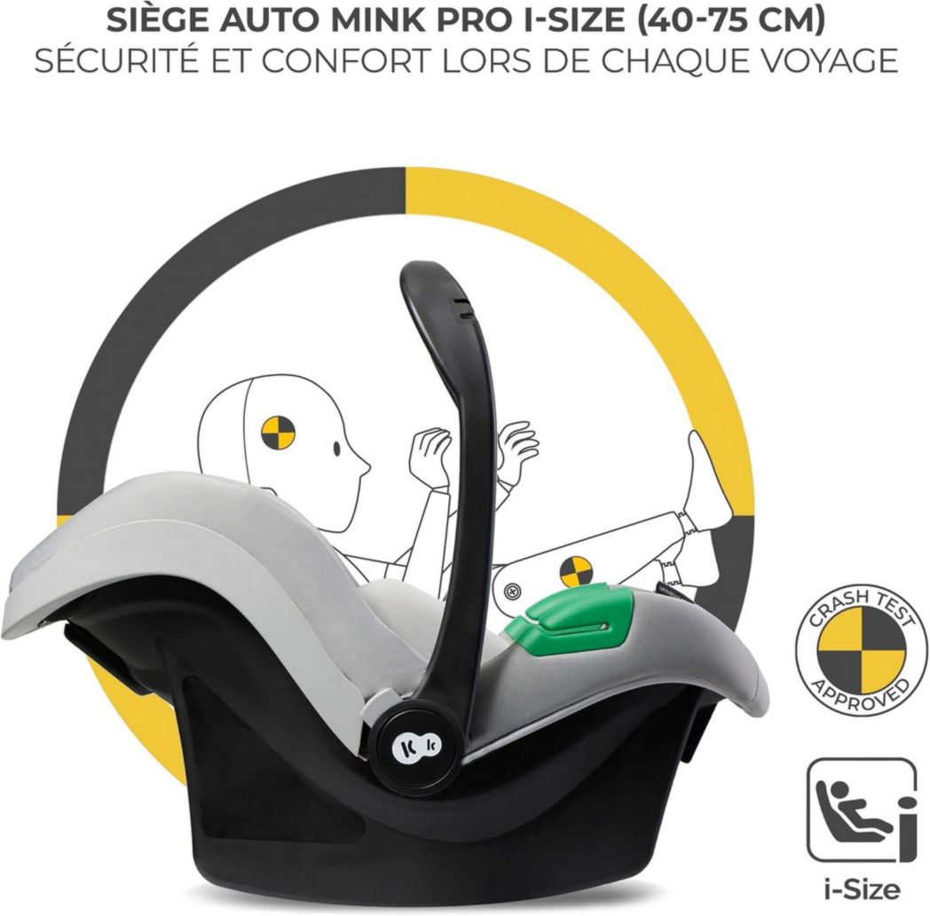 Poussette 3-en-1 Kinderkraft MOOV2, système de voyage de la naissance à 27 kg, siège auto Mink PRO I-Size inclus, pare-soleil extensible avec filtre UPF50+, accessoires pratiques, gris