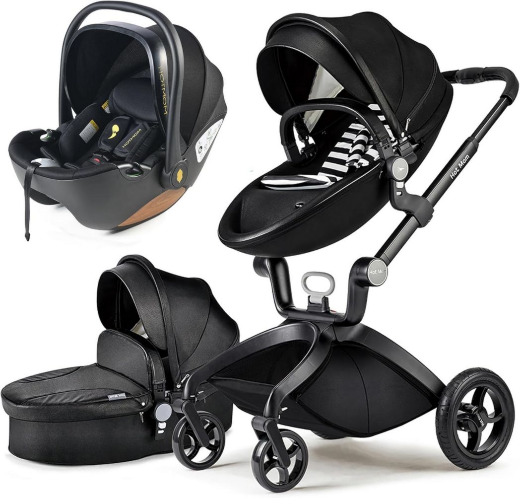 Poussette classique Hot Mom Combi 3 en 1, ensemble complet, cadre en aluminium, pneus en caoutchouc plein, protection contre la pluie et moustiquaire, modèle F22 (noir-3, avec siège auto)