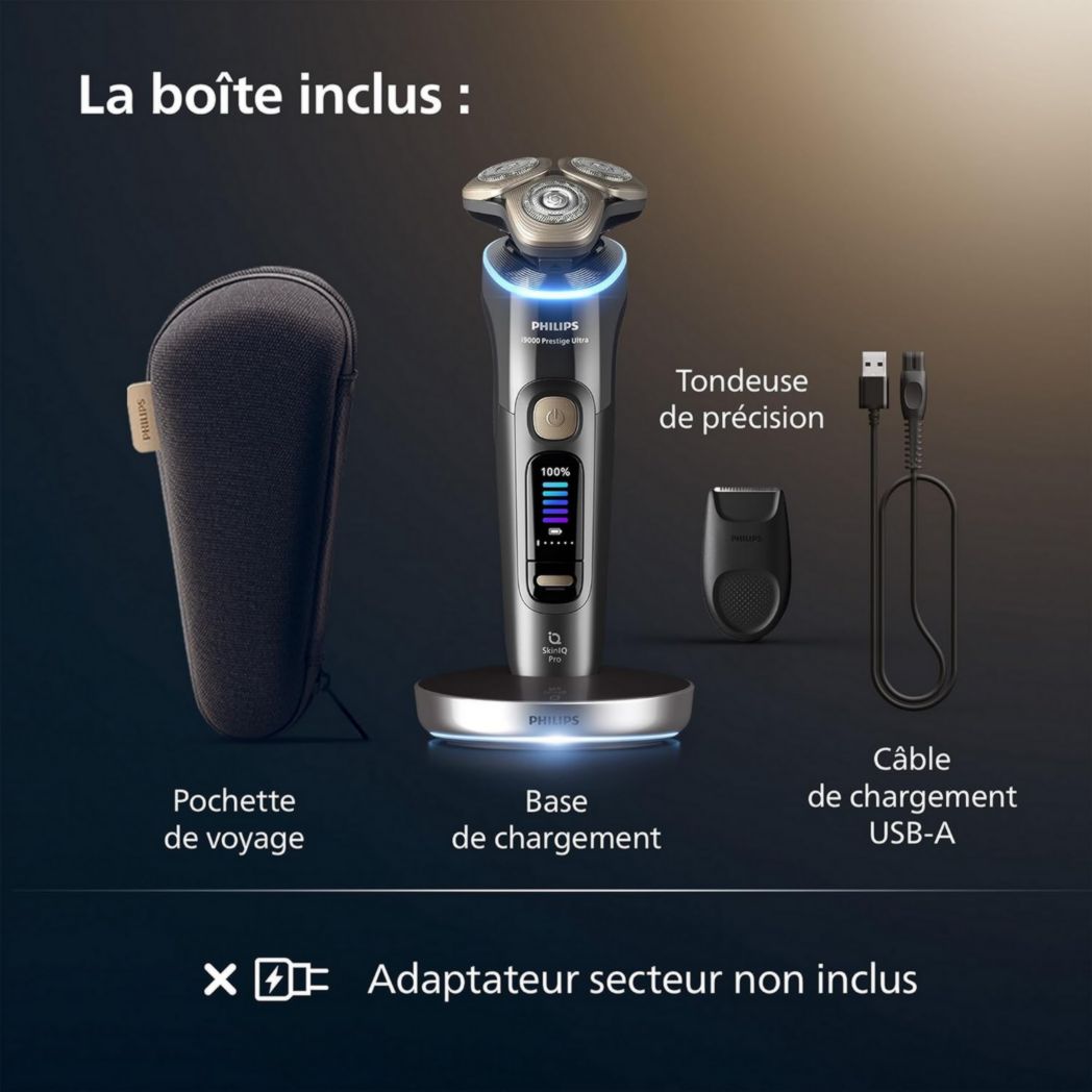 Rasoir Philips i9000 Prestige Ultra, rasoir électrique 100 % étanche, technologie Skin IQ Pro, système Triple Lift & Cut, lames de précision NanoTech rotatives à 360°, 5 modes de rasage, XP9401/38
