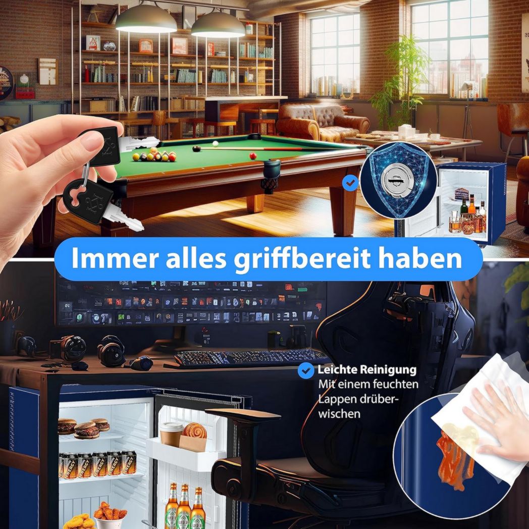 Mini-réfrigérateur KESSER® avec serrure, mini-bar 40 l, silencieux, 22 dB, verrouillable, chambre, butée de porte amovible, environ 4 à 16 °C, hauteur 57 cm, éclairage intérieur