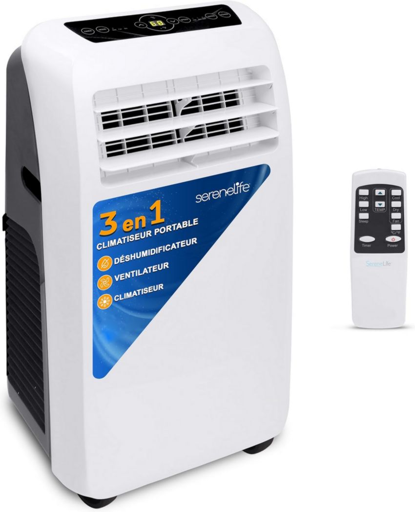 Climatiseur portatif silencieux SereneLife, 9 000 BTU, 3 en 1, avec déshumidificateur intégré, mode ventilateur, télécommande, kit d'extraction complet pour fenêtre, blanc