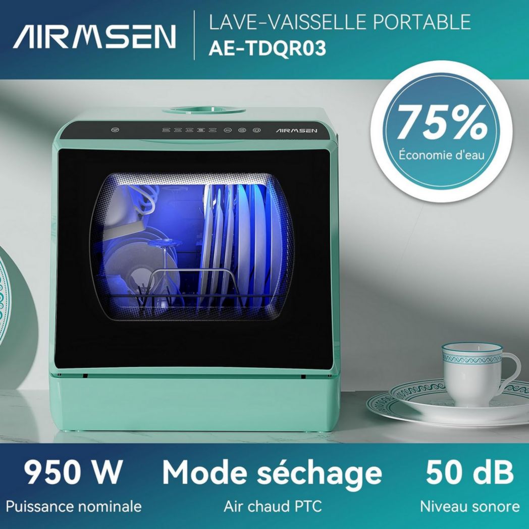 Mini lave-vaisselle de comptoir AIRMSEN, 5+1 programmes, réservoir d'eau de 5 L, commandes tactiles et écran LED, convient aux cuisines familiales, appartements et dortoirs, blanc et noir