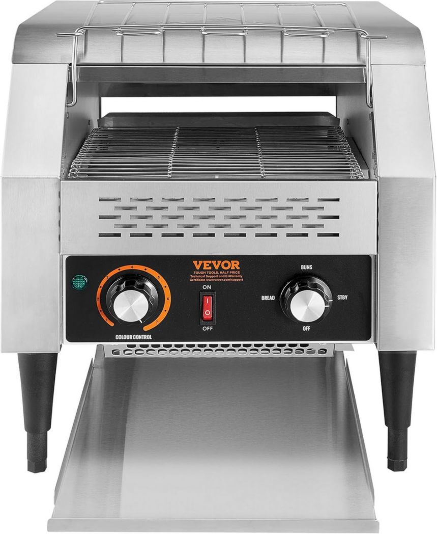 Grille-pain commercial VEVOR 300 tranches par heure en acier inoxydable 2200 W 7 vitesses avec plateau ramasse-miettes pour petits pains, bagels, hamburgers, boulangeries, restaurants, hôtels