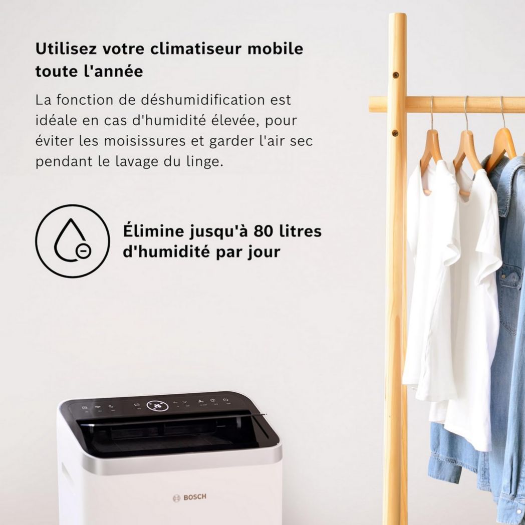 Climatiseur portable Bosch Cool 2000 - 3 en 1 : climatiseur, déshumidificateur, ventilateur - 2,6 kW PAC pour pièces jusqu'à 35 m² - Avec modes automatique, silencieux et veille