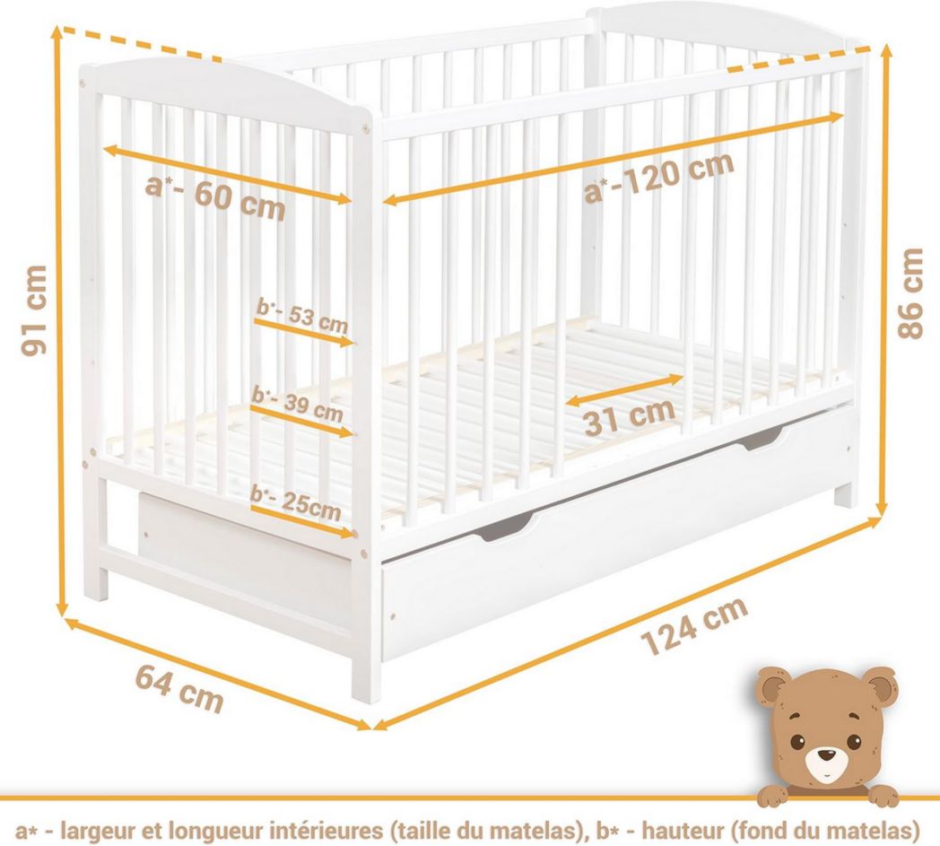 Lit bébé moto-MOLTICO 60x120 cm avec tiroir – Lit en bois réglable en hauteur, transformable en lit enfant avec barrières de sécurité – Lit bébé pour filles et garçons