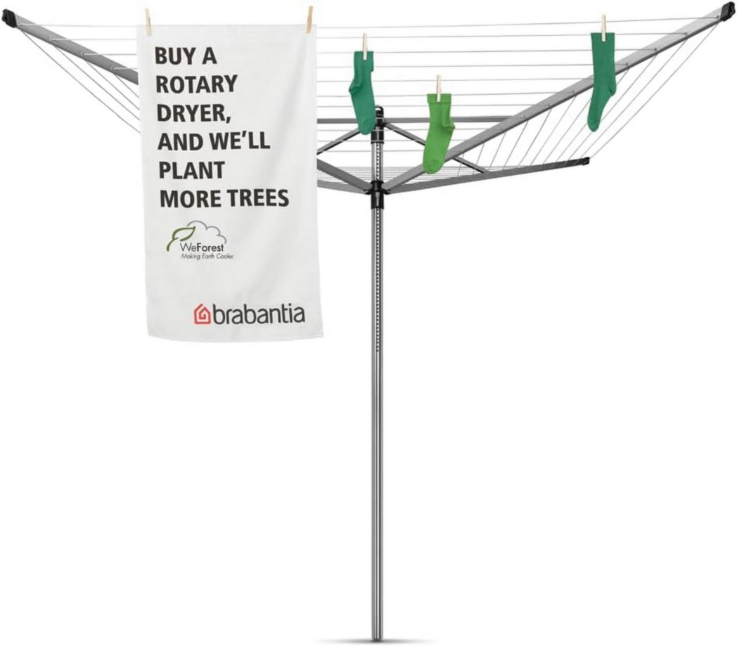 Brabantia - Séchoir à linge Lift-O-Matic - Étendoir à linge d'extérieur - Antidérapant - Résistant aux UV, 60 m - Rotation fluide - Pratique - Douille métallique à planter - Gris métallisé - 295 cm