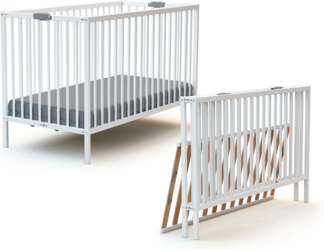 WEBABY - Lit bébé pliant 60 x 120 cm Blanc | Bois massif | Dès la naissance | Confort de couchage | Sommier à lattes | Compact | Transportable | Pliable | Gain de place | Lit de voyage