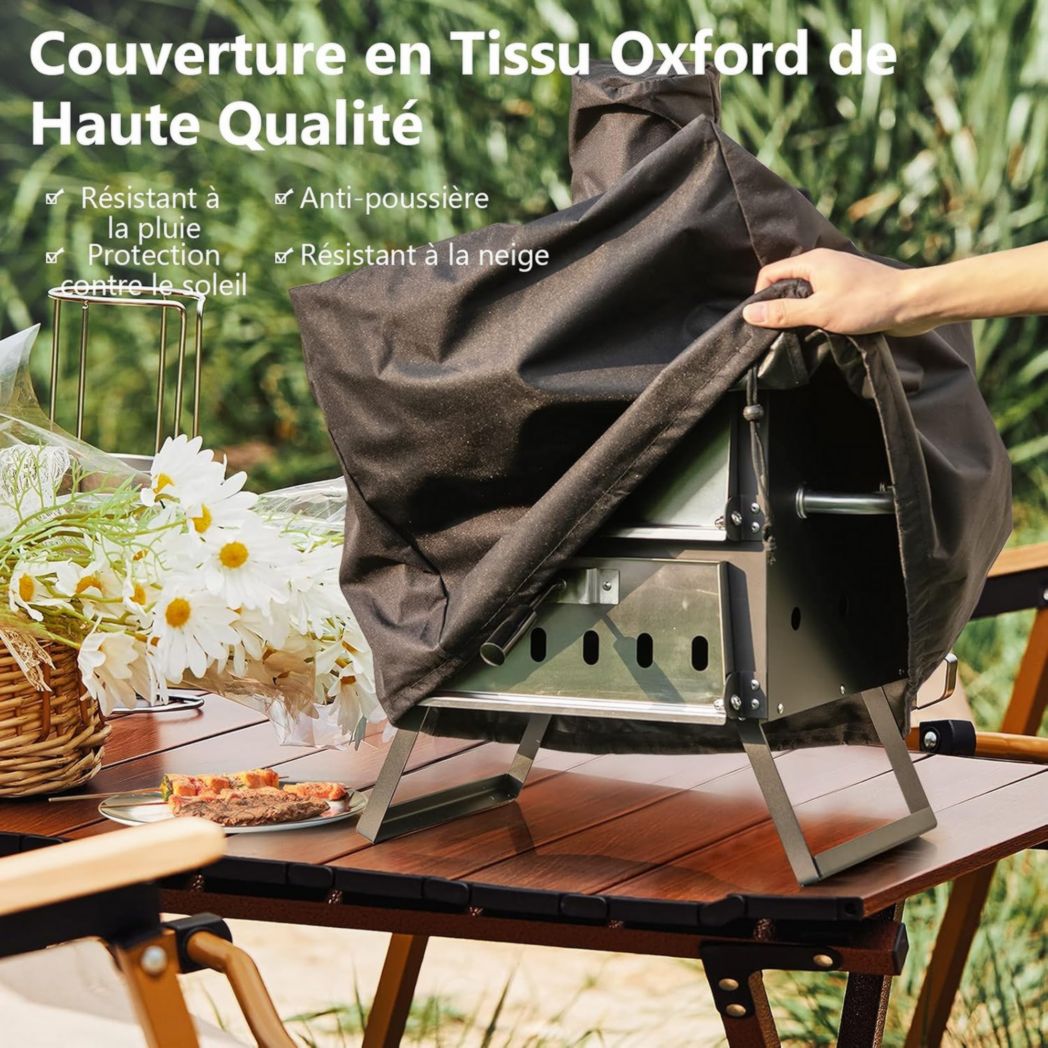 Mini four à pizza d'extérieur GYMAX, four à pizza au feu de bois avec pierre à pizza, pelle à pizza, pieds pliables et poignées portables, ventilateurs réglables, housse étanche