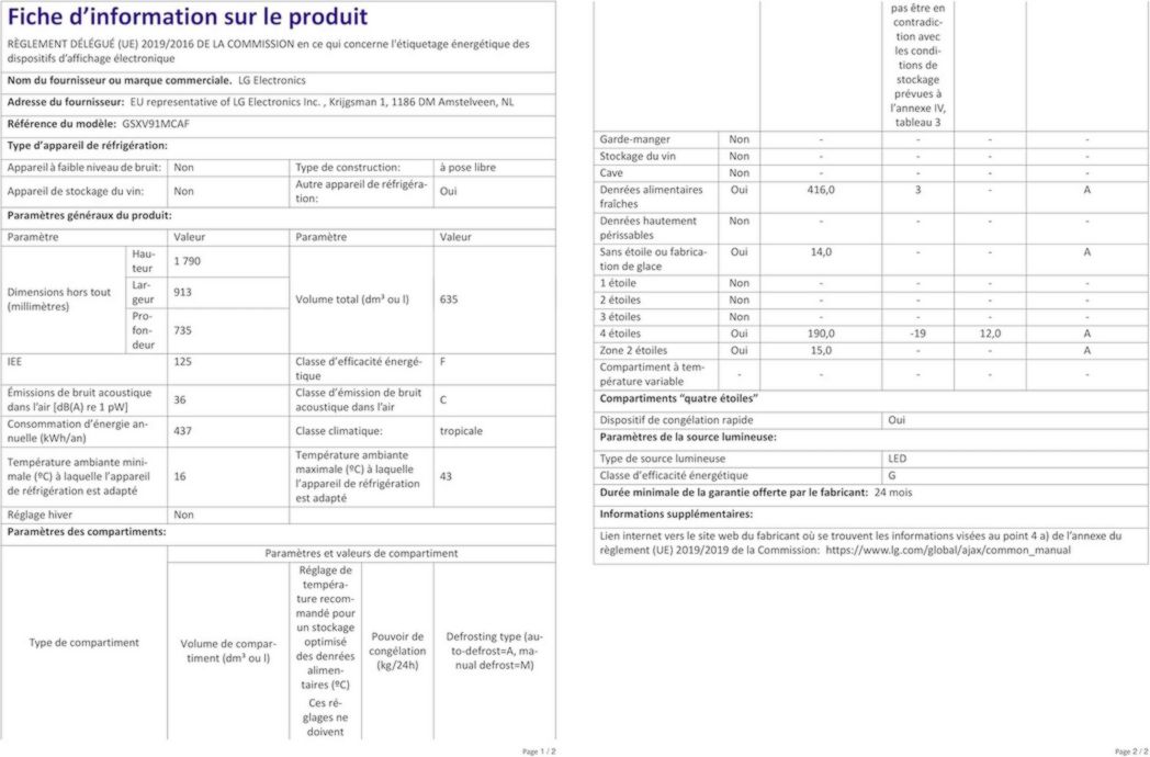 Réfrigérateur combiné LG GSXV91MCAF - Côte à côte, 635 L, InstaView, Total No-Frost, compartiment congélateur, distributeur d'eau et de glaçons UVnano, compresseur à onduleur linéaire, Wi-Fi, noir, classe F