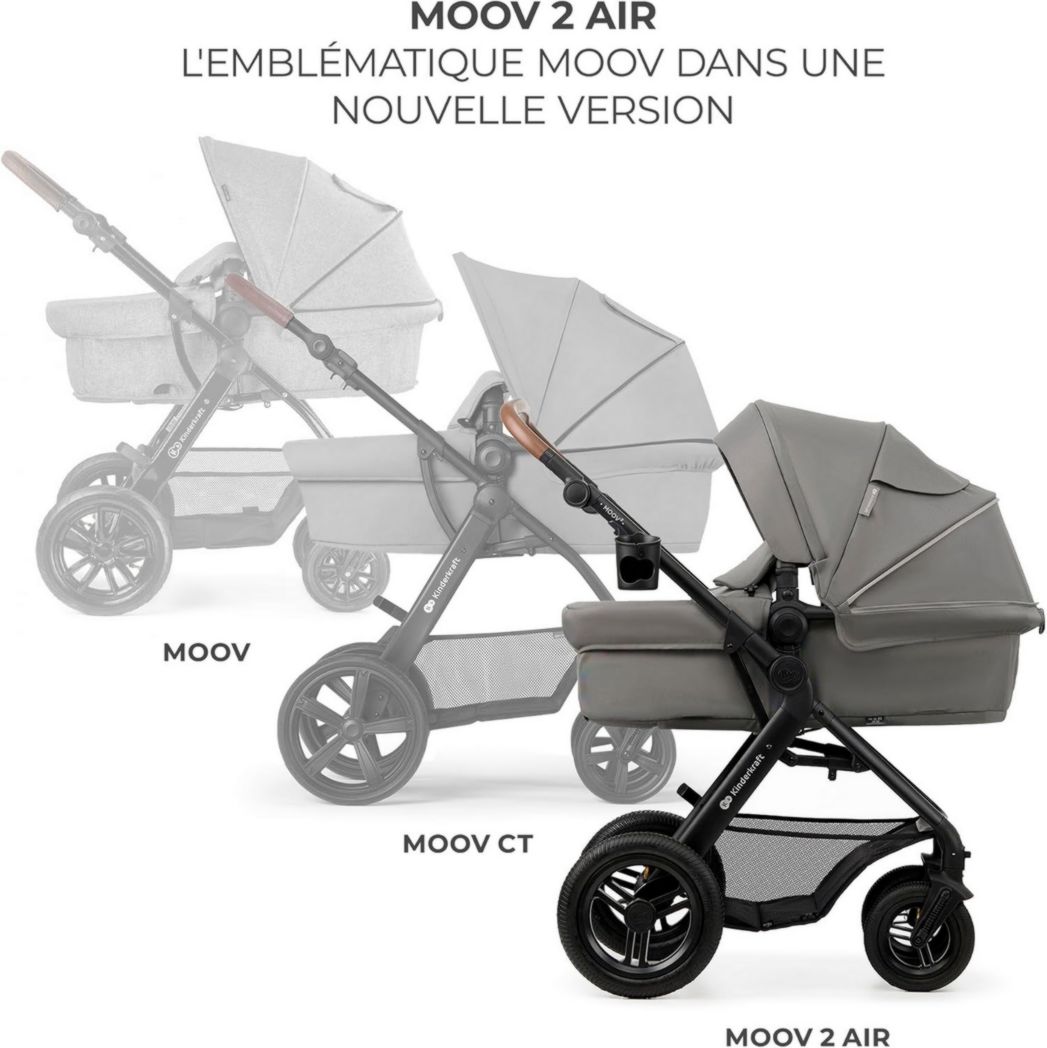 Poussette 3-en-1 Kinderkraft MOOV2, système de voyage de la naissance à 27 kg, siège auto Mink PRO I-Size inclus, pare-soleil extensible avec filtre UPF50+, accessoires pratiques, gris