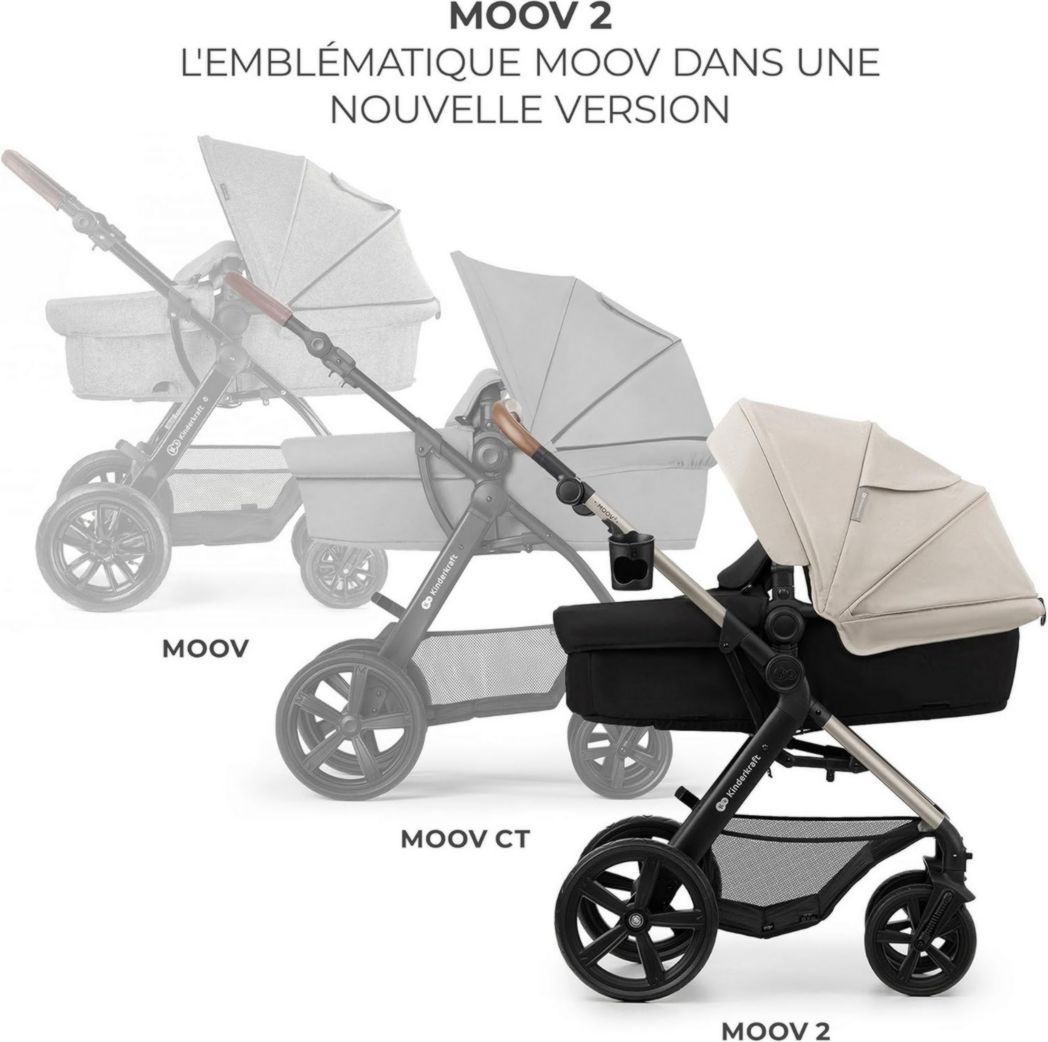 Poussette 3-en-1 Kinderkraft MOOV2, système de voyage de la naissance à 27 kg, siège auto Mink PRO I-Size inclus, pare-soleil extensible avec filtre UPF50+, accessoires pratiques, gris
