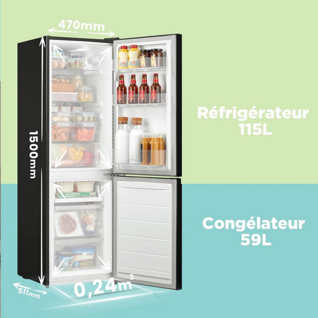 Réfrigérateur Comfee' RCB169DK2(E) avec congélateur / Hauteur 150 cm / Low Frost / Température de réfrigérateur réglable / Éclairage LED / 195 kWh/an / Réfrigérateur 115 L / Congélateur 59 L / Noir