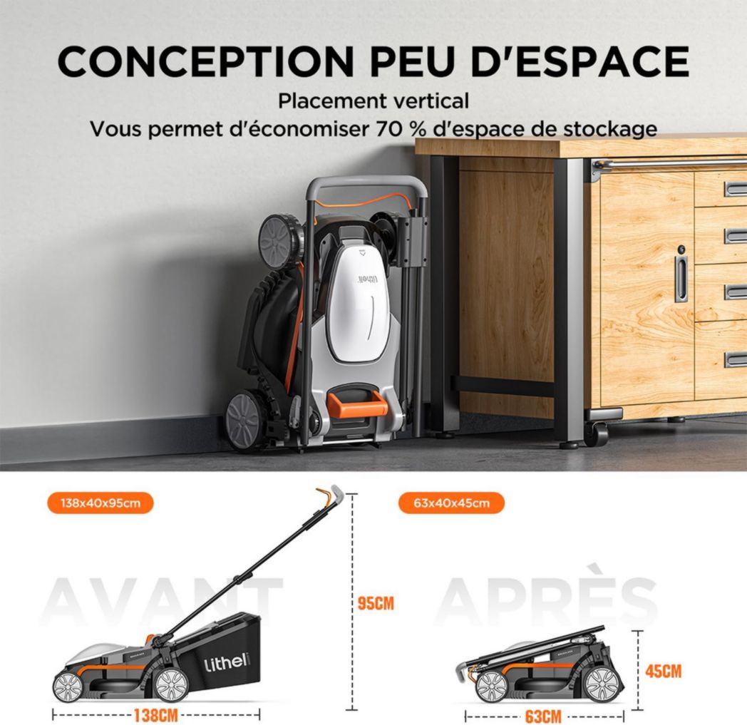 Tondeuse à gazon sans fil Litheli 33 cm, 1 batterie 20 V 4 Ah, hauteur réglable 25-65 mm, bac de ramassage 30 L, pour pelouses jusqu'à 200 m² (jardins et petits espaces)