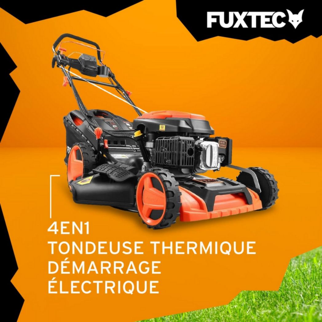 Tondeuse thermique autotractée FUXTEC FX-RM5170eS, démarrage électrique, 4 po 1, 170 cm³, 4 CV | 4 temps | Largeur 51 cm, hauteur de coupe 7 positions, bac de ramassage 60 L, fonction mulching, éjection latérale