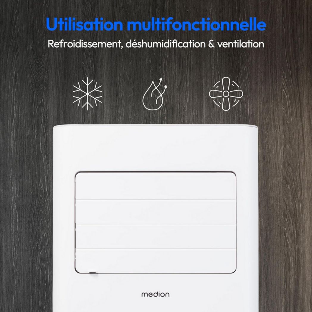 Climatiseur mobile intelligent MEDION P1002 (10 000 BTU, 3 en 1, refroidissement, déshumidification, ventilation, jusqu'à 34 m², kit de joint de fenêtre, mode veille, contrôle Wi-Fi, télécommande, écran, MD 37733)