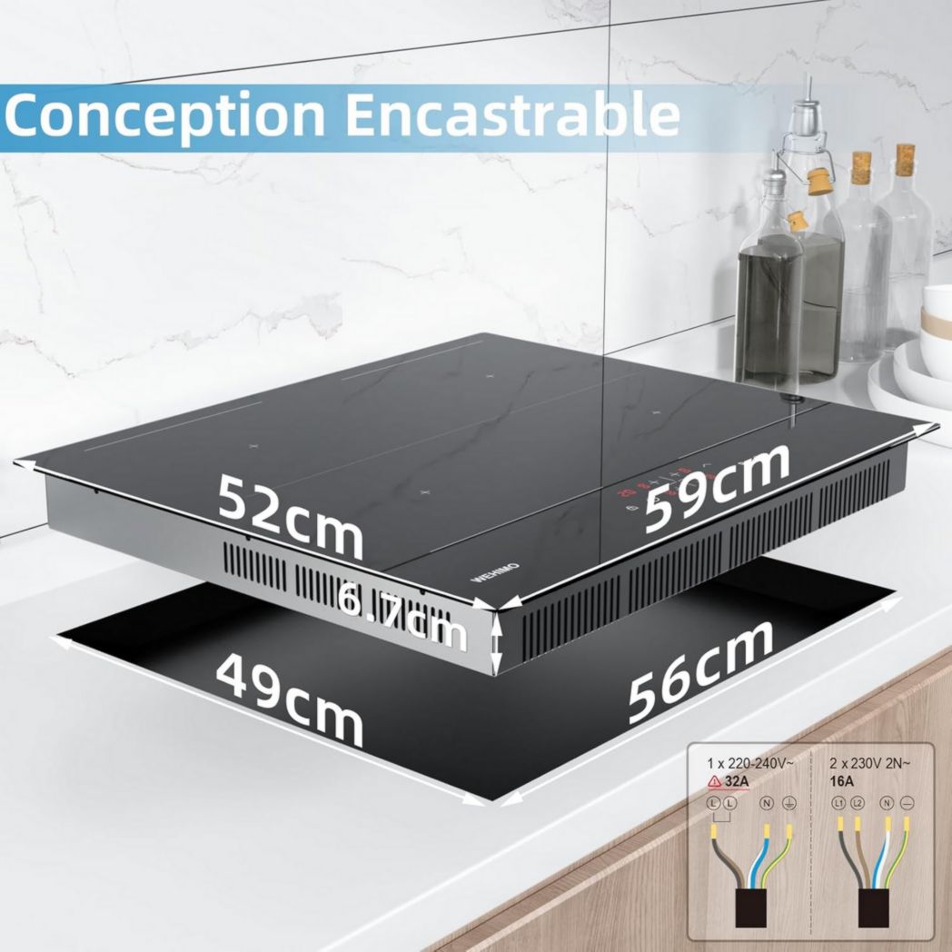 Plaque de cuisson vitrocéramique encastrable 4 feux, WEHIMO 6000W - 59cm - Minuterie, 9 niveaux de puissance, commande tactile, sécurité enfant...