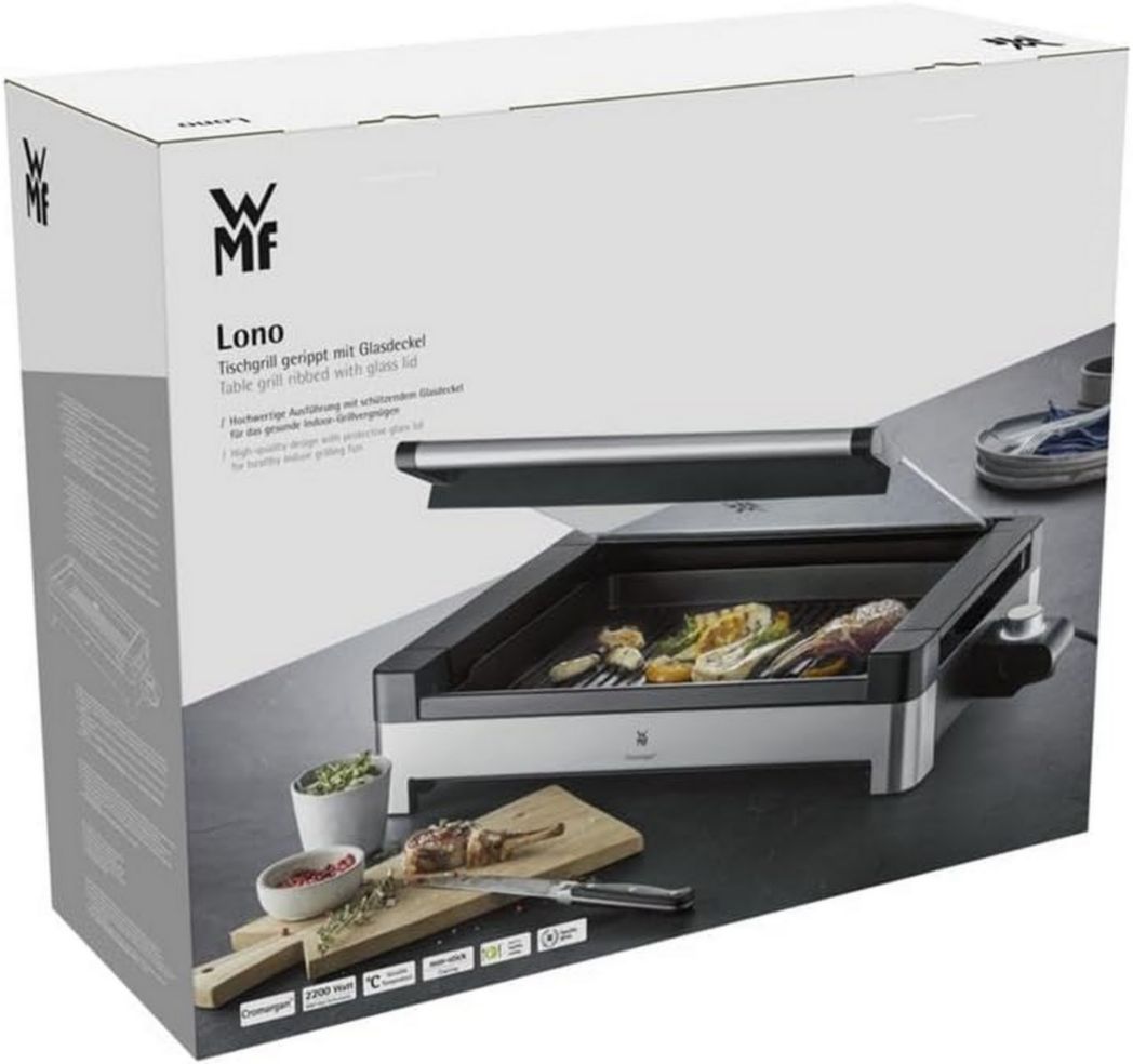 Barbecue électrique de table WMF Lono, acier inoxydable mat, avec couvercle en verre, 2 200 W, plaque de cuisson revêtue