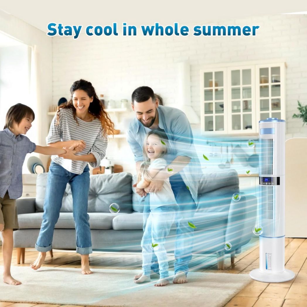 Climatiseur portable silencieux avec humidificateur, ventilateur, 2 sorties d'air, oscillation à 360°, 65 W, minuterie 24 h, 3 vitesses, 4 modes, télécommande pour chambre ou bureau