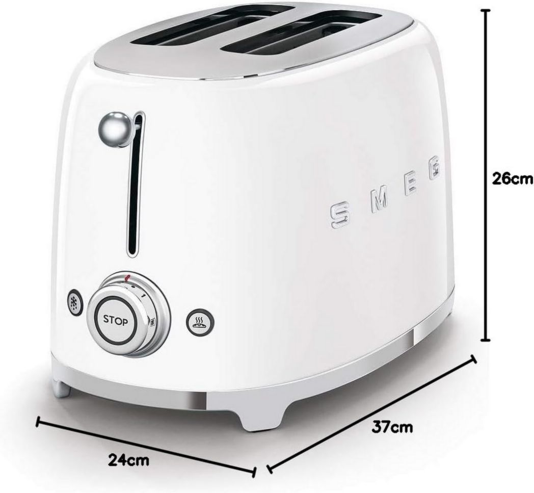 Smeg, Grille-pain 2 tranches TSF01BLEU, 2 fentes 36 mm, 6 niveaux de brunissage, fonctions chauffage, décongélation et bagel, éjection automatique du pain, tiroir ramasse-miettes, 950 W, noir