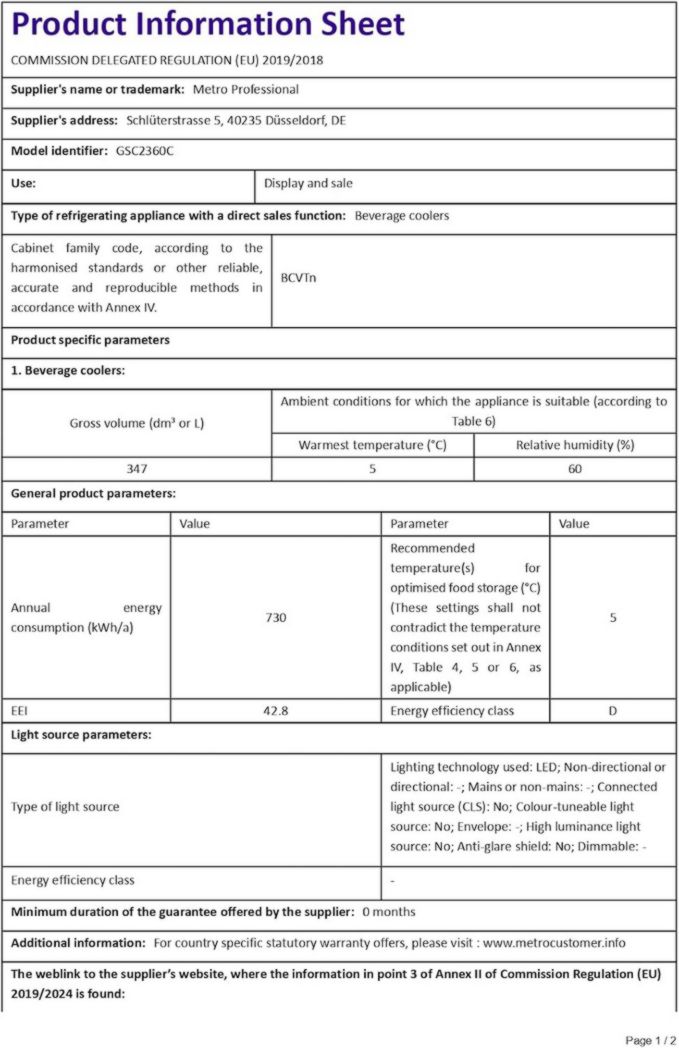 Réfrigérateur à boissons professionnel METRO GSC2360B, acier/verre, 62 x 63,6 x 175,3 cm, 347 L, avec serrure, noir