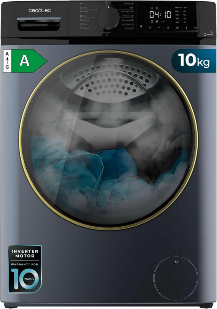 Lave-linge Cecotec 8 kg Bolero DressCode 8610 Inverter Steel A. Chargement frontal, 1400 tr/min, SteamMax, moteur Inverter Plus, 15 programmes, OnSmart, Stop&Go, DrumClean, revêtement antibactérien