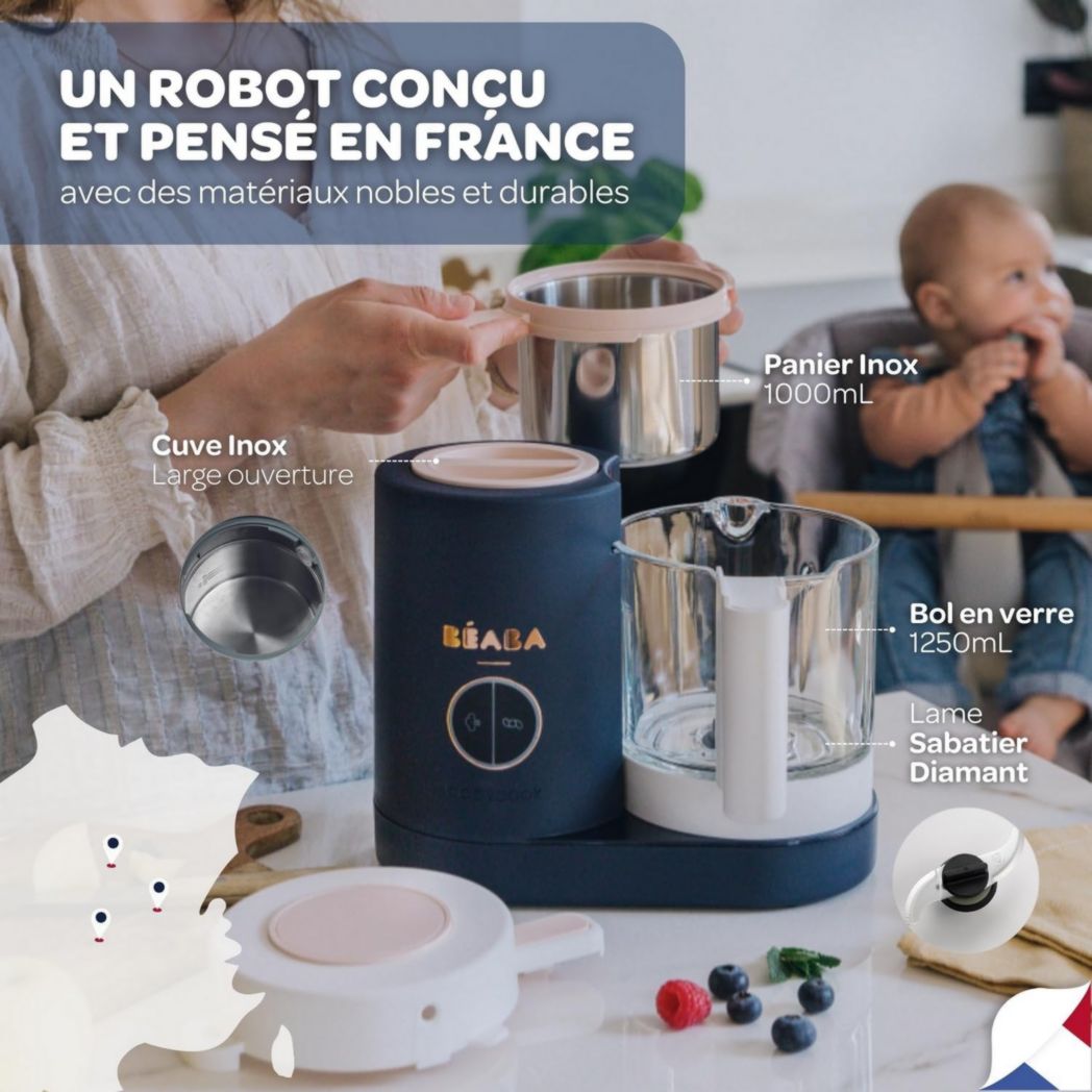 BÉABA, Babycook Néo, Mixeur et Cuiseur Vapeur 6 en 1, Robot Cuiseur Bébé Fabriqué en France, Bol en Verre, Cuve en Inox, Grande Capacité, Diversification des Aliments, Petits Pots Bébé Maison, Rapide, Eucalyptus
