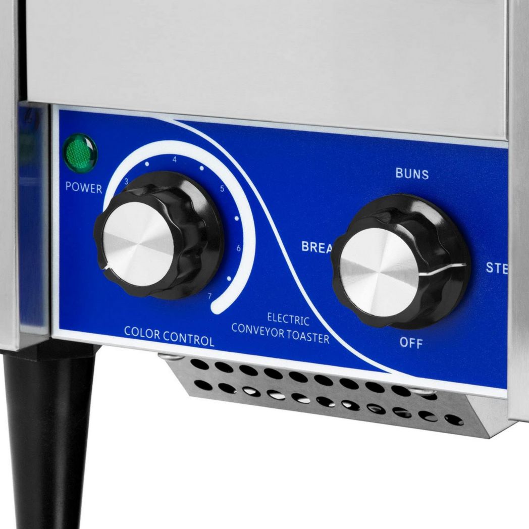 Grille-pain convoyeur professionnel VERTES en acier inoxydable (1940 W, 230 V, pour pains grillés et hamburgers, 1 rampe d'insertion, 2 rampes de sortie, 7 niveaux de vitesse, plateau ramasse-miettes)