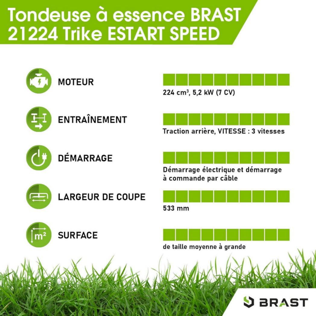 Tondeuse thermique 3 roues BRAST TRIKE E-START 224cc 53cm autotractée démarrage électrique mulching 4en1 capot tôle acier 60l - moteur 4 temps de la marque française GT réglable