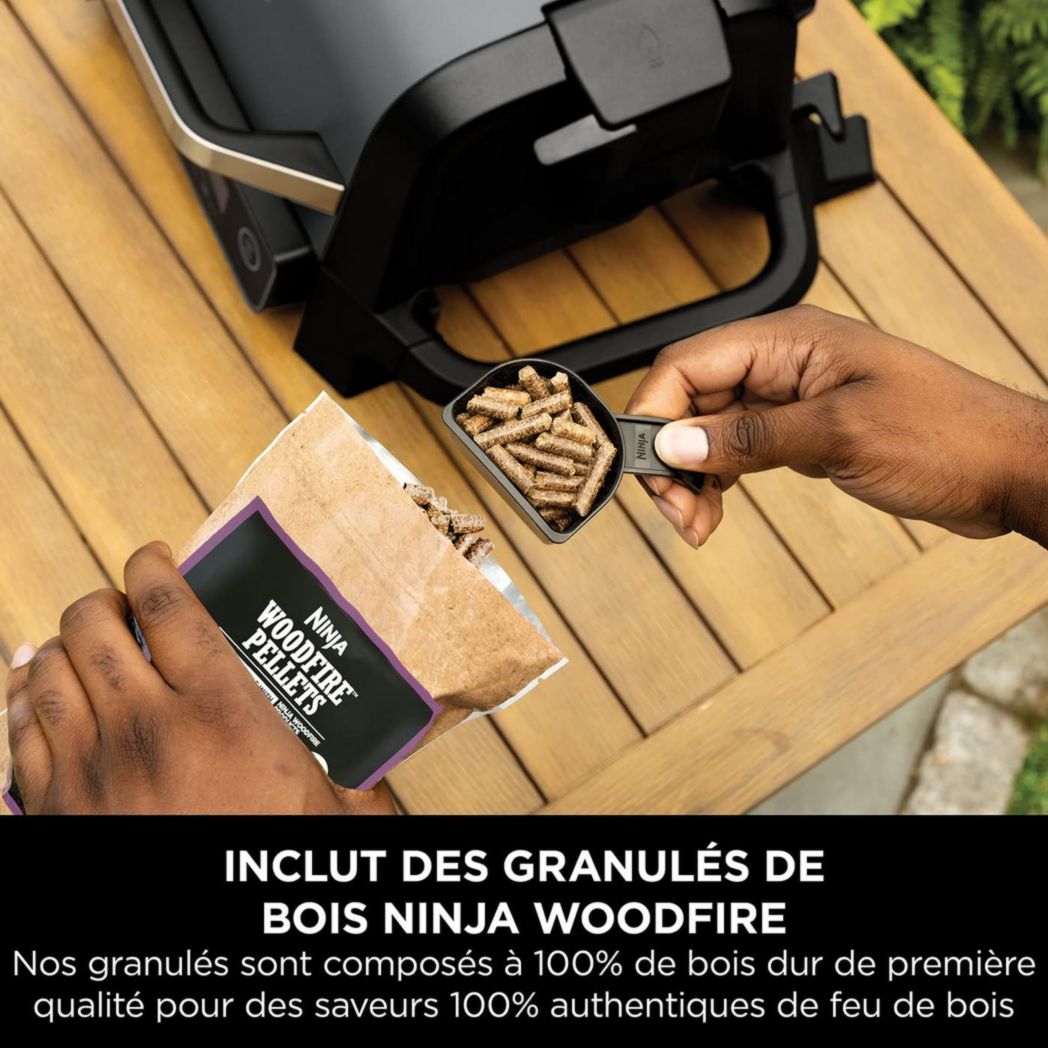 Barbecue et fumoir électrique Ninja Woodfire Pro XL avec thermomètre, barbecue d'extérieur 4 en 1 et friteuse à air avec système de cuisson intelligent et granulés de bois, portable, gris/noir, OG850EU