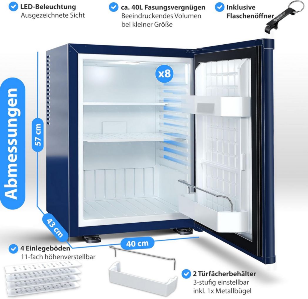 Mini-réfrigérateur KESSER® avec serrure, mini-bar 40 l, silencieux, 22 dB, verrouillable, chambre, butée de porte amovible, environ 4 à 16 °C, hauteur 57 cm, éclairage intérieur