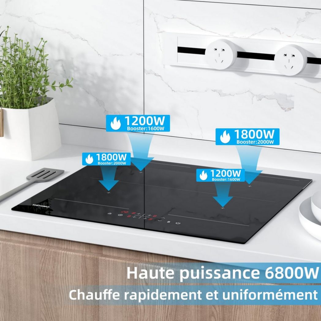Plaque de cuisson vitrocéramique encastrable 4 feux, WEHIMO 6000W - 59cm - Minuterie, 9 niveaux de puissance, commande tactile, sécurité enfant...