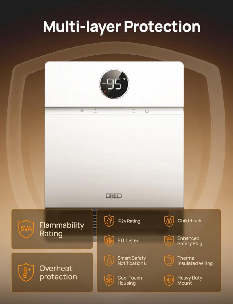 Chauffage mural intelligent Dreo - Sortie 30° - 1500 W - Thermostat réglable - Télécommande - Minuterie - Chauffage facile à monter pour l'intérieur - Fonctionne avec Alexa