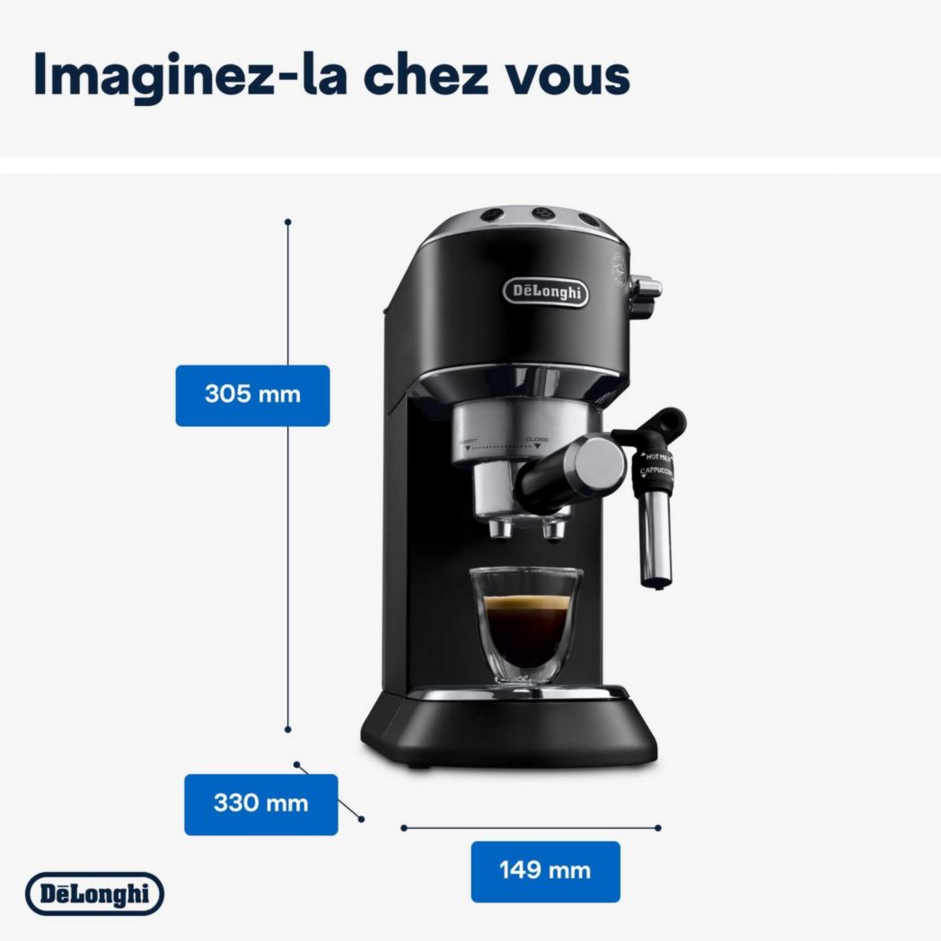 De'Longhi Dedica Style EC685.M, Machine à expresso avec buse à mousse de lait professionnelle, seulement 15 cm de large, réservoir de 1 L, boîtier en métal, compatible avec les dosettes ESE, métal