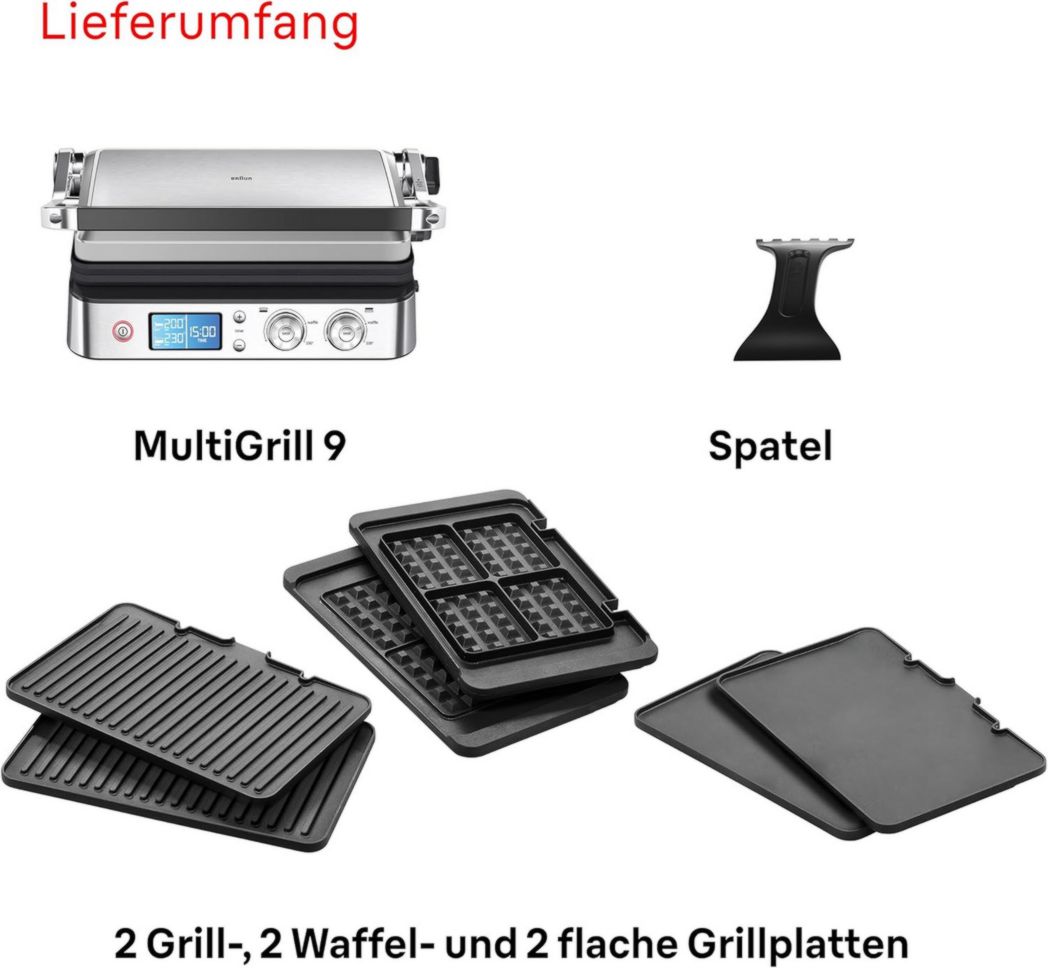 Braun MultiGrill 9 CG 9047, appareil à panini électrique avec plaques de cuisson, cuisson, gaufres, 2 thermostats indépendants, 3 positions de cuisson, plaques lavables au lave-vaisselle, 2 000 W, noir/acier inoxydable