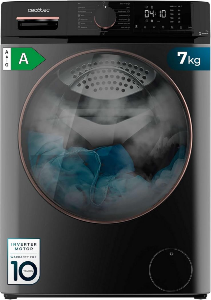 Lave-linge Cecotec 8 kg Bolero DressCode 8610 Inverter Steel A. Chargement frontal, 1400 tr/min, SteamMax, moteur Inverter Plus, 15 programmes, OnSmart, Stop&Go, DrumClean, revêtement antibactérien