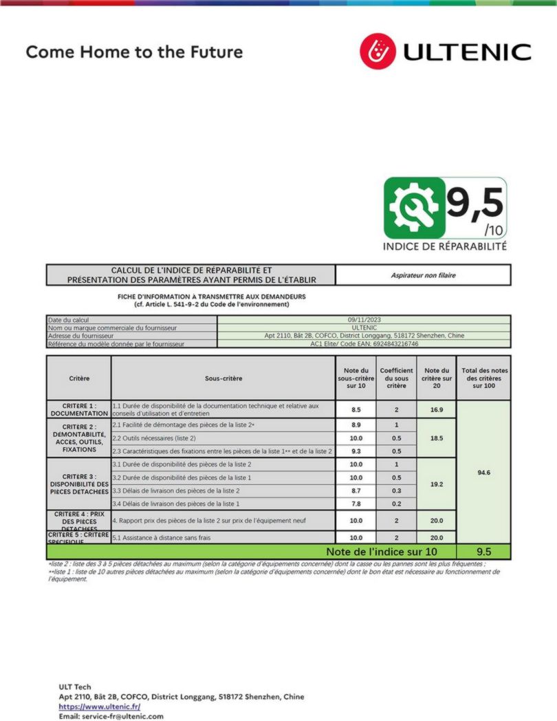 Aspirateur balai sans fil Ultenic AC1 Elite, 3 en 1, eau et poussière, léger, autonomie de 50 minutes, grand réservoir de 1,15 L, idéal pour les saletés tenaces et les sols durs.