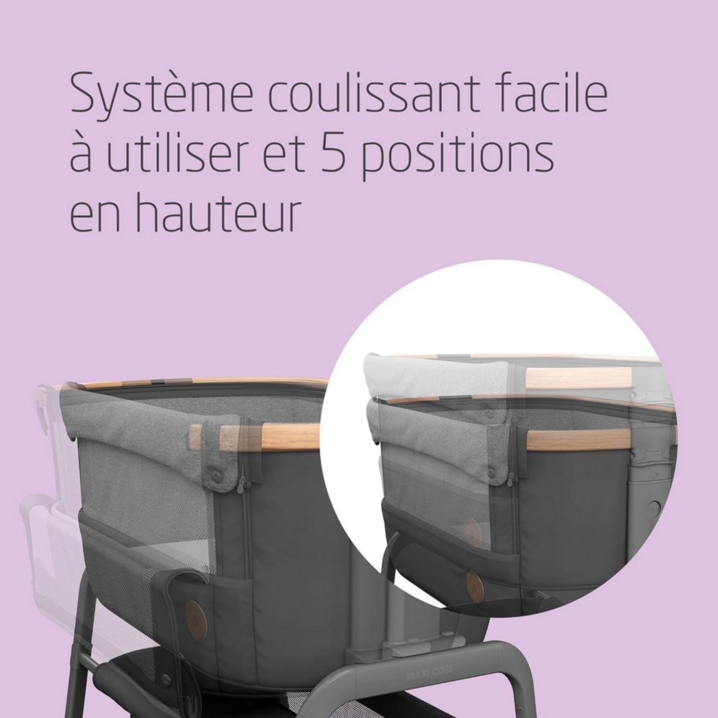 Lit cododo Maxi-Cosi Iora, lit cododo pliable pour bébé, 0-6 mois, 9 kg max, 4 positions d'inclinaison et 5 hauteurs, système coulissant, matelas confort, grand panier, facile à transporter, Essential Graphite