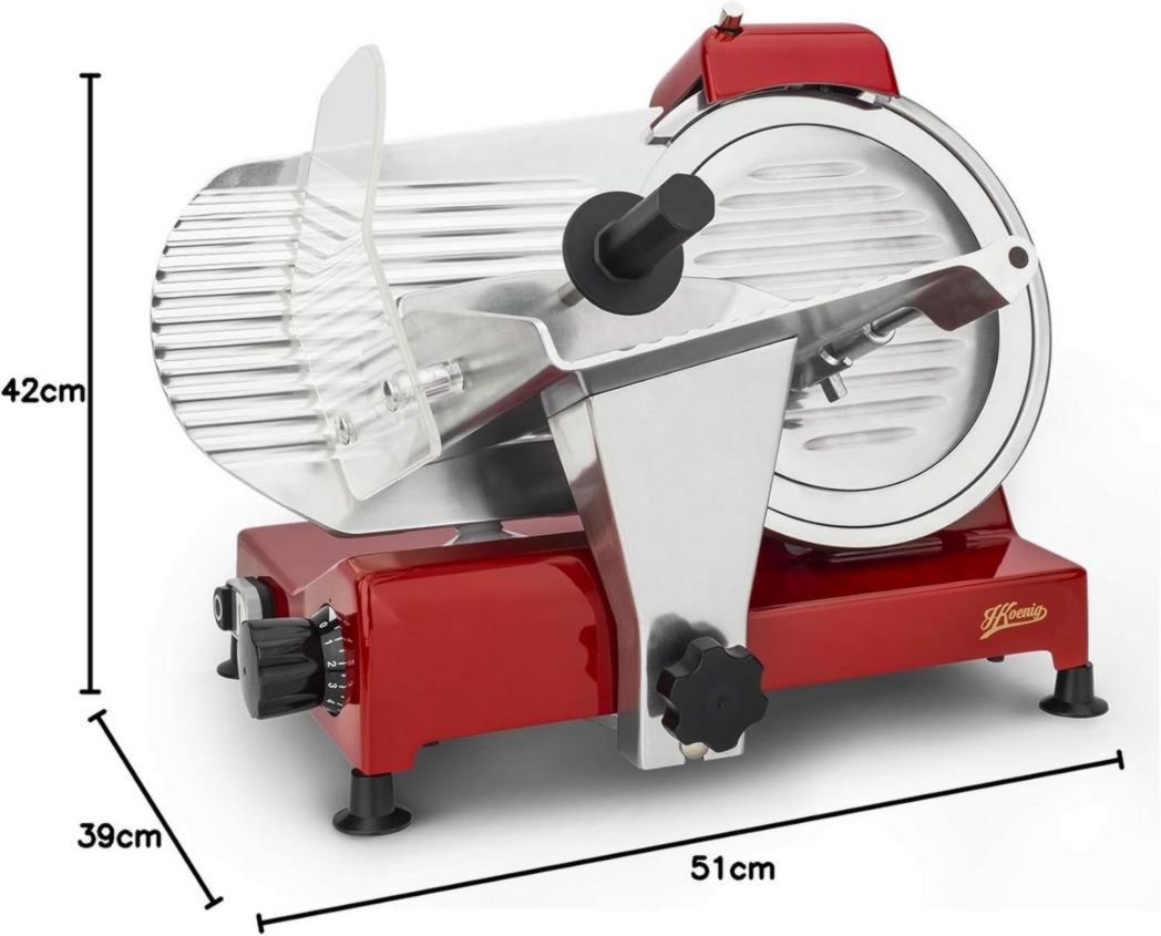 Trancheuse à viande électrique H.Koenig MSX254, Charcuterie, Professionnelle, Précise, Coupe 0-12 mm, Lame 25 cm, Aiguiseur intégré, Grand plateau, 282 tr/min, Rouge