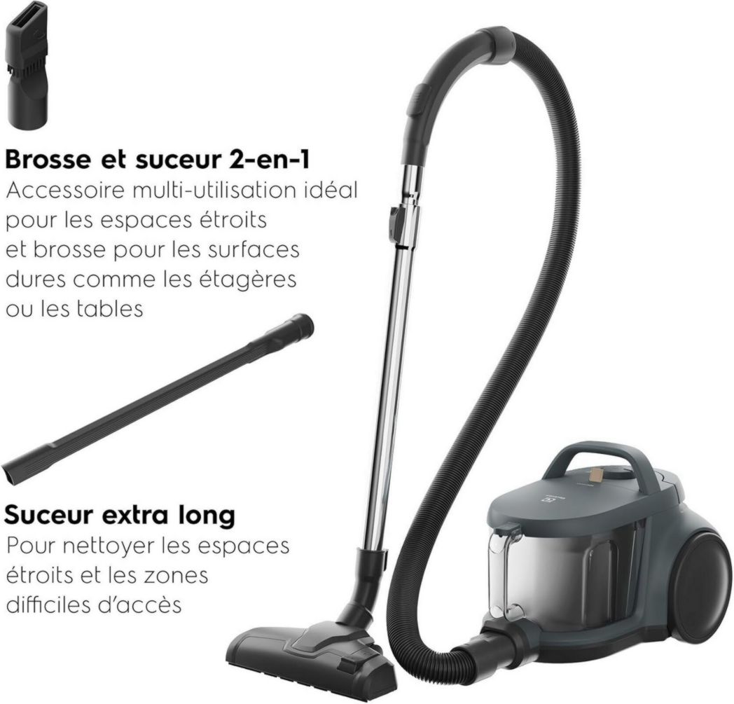 Electrolux Animal 600, aspirateur traîneau sans sac, accessoires pour poils d'animaux, filtration en 6 étapes, gain de place, technologie cyclonique, 55 % de matériaux recyclés, EL61A4UG, gris