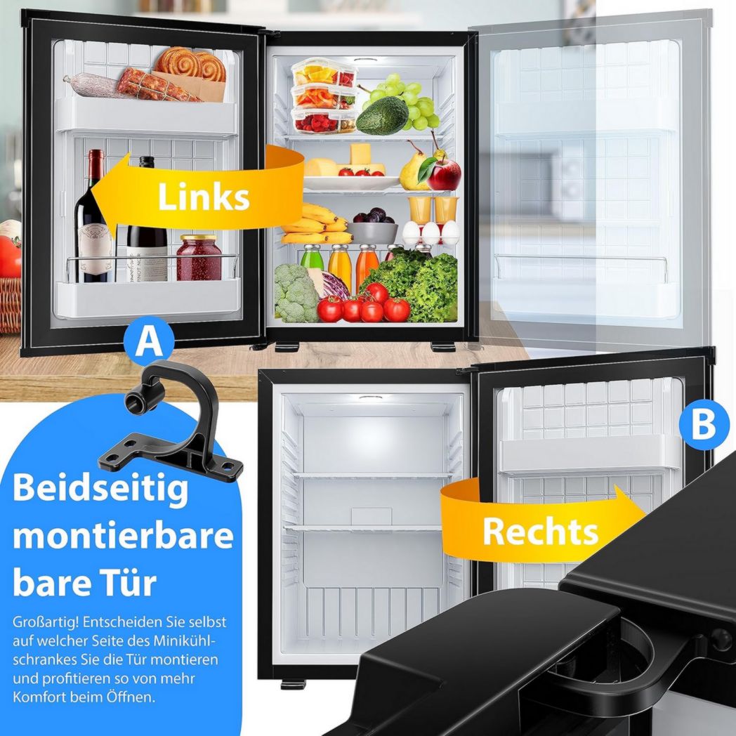 Mini-réfrigérateur KESSER® avec serrure, mini-bar 40 l, silencieux, 22 dB, verrouillable, chambre, butée de porte amovible, environ 4 à 16 °C, hauteur 57 cm, éclairage intérieur