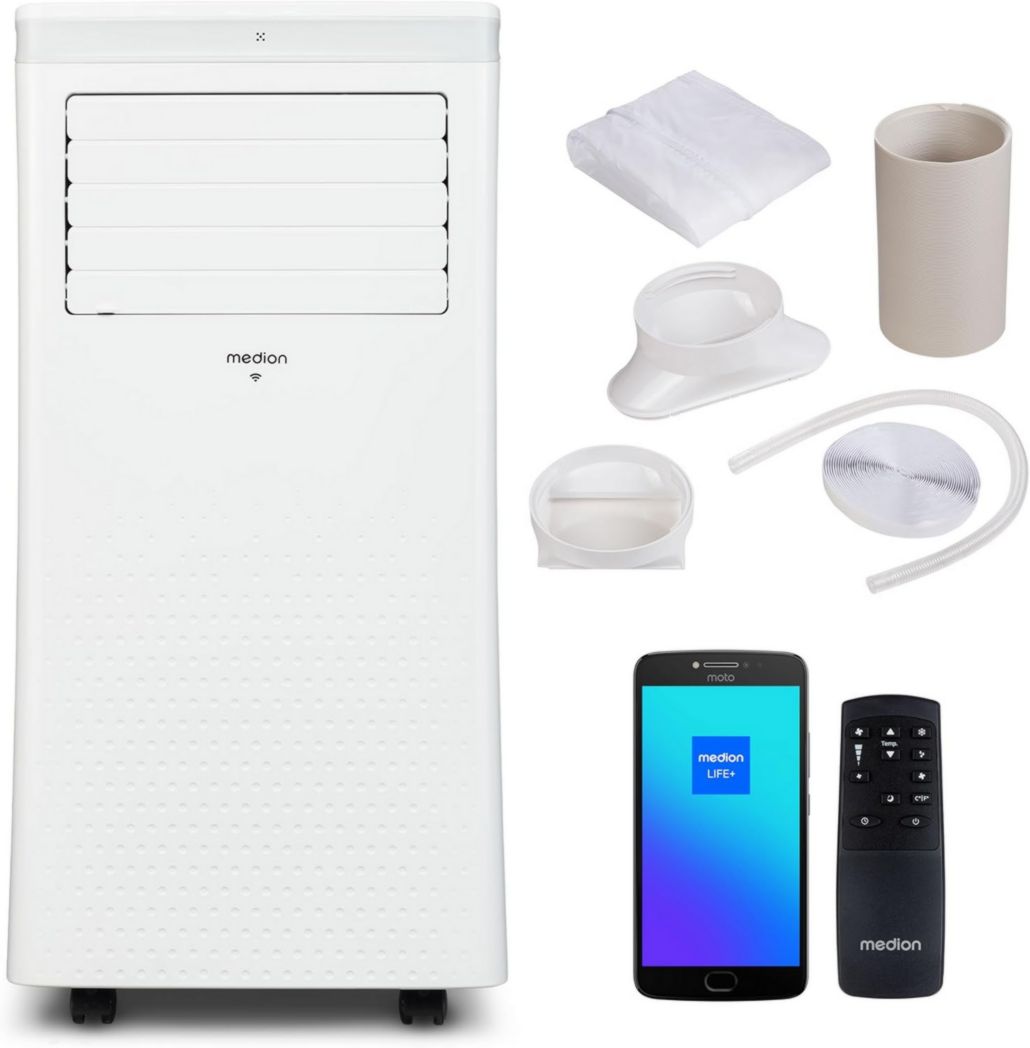 Climatiseur mobile intelligent MEDION P1002 (10 000 BTU, 3 en 1, refroidissement, déshumidification, ventilation, jusqu'à 34 m², kit de joint de fenêtre, mode veille, contrôle Wi-Fi, télécommande, écran, MD 37733)
