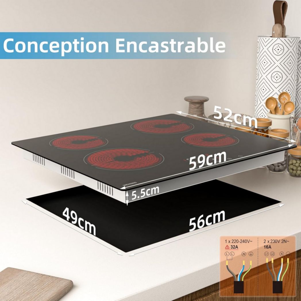 Plaque de cuisson vitrocéramique encastrable 4 feux, WEHIMO 6000W - 59cm - Minuterie, 9 niveaux de puissance, commande tactile, sécurité enfant...