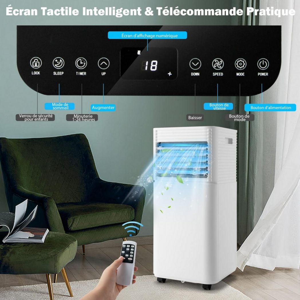 Climatiseur portable GOPLUS 9000 BTU 2,6 kW, 4 en 1, refroidissement, déshumidification, ventilateur, mode nuit, minuterie 24 h, télécommande/écran, 20 ㎡, noir, R290