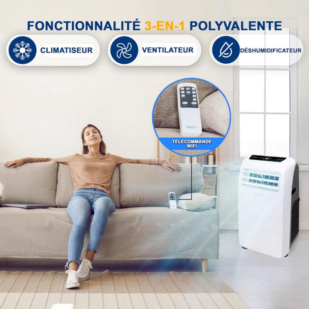 Climatiseur portatif silencieux SereneLife, 9 000 BTU, 3 en 1, avec déshumidificateur intégré, mode ventilateur, télécommande, kit d'extraction complet pour fenêtre, blanc