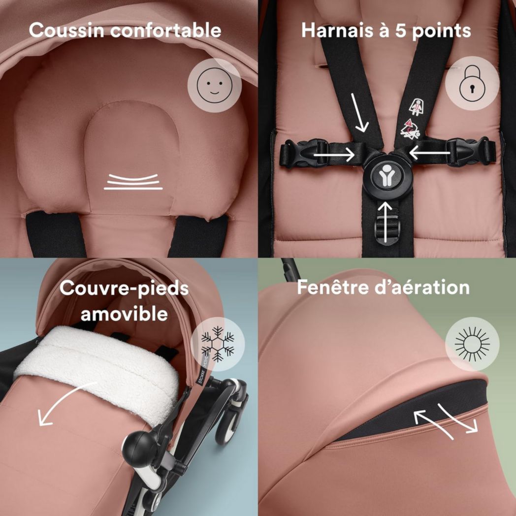 Poussette Stokke YOYO3 avec pack nouveau-né et pack couleur 6+ - Comprend un cadre noir, un pack couleur YOYO 6+ (gingembre) et un pack nouveau-né 0+ (gingembre)