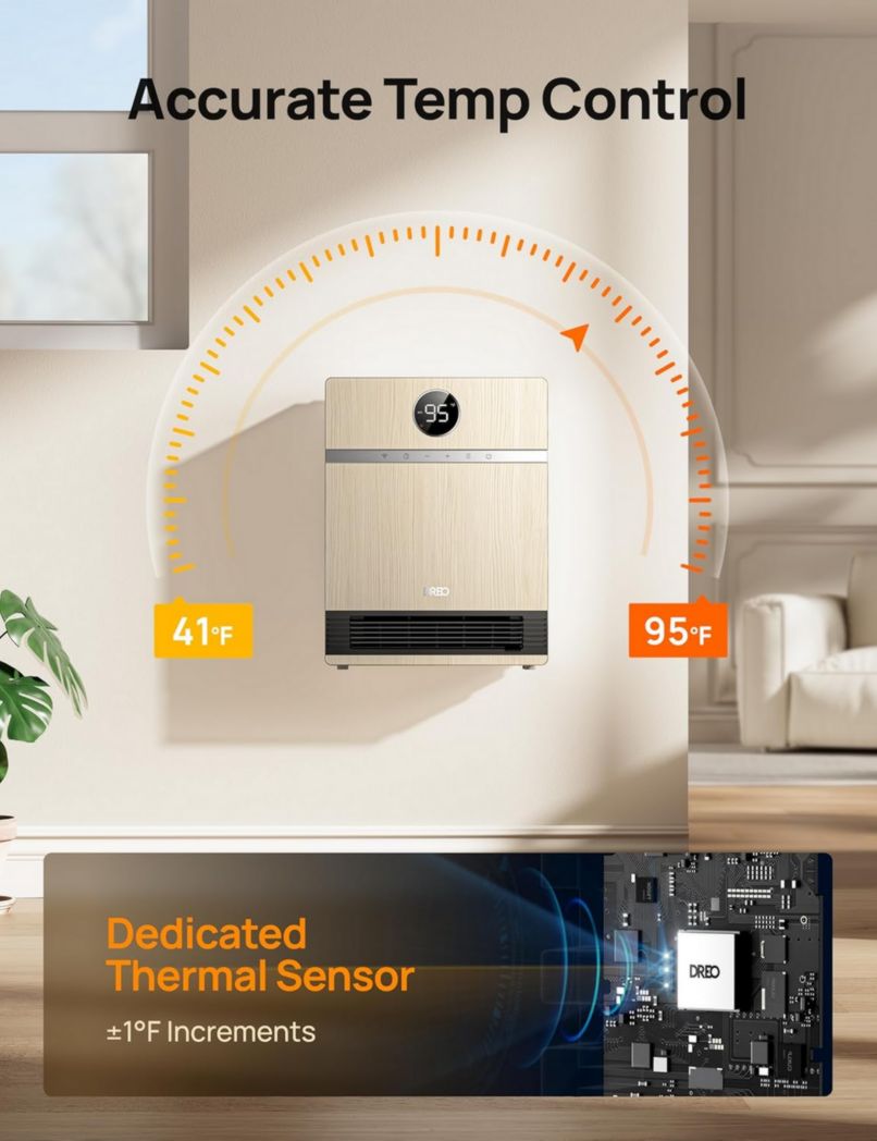 Chauffage mural intelligent Dreo - Sortie 30° - 1500 W - Thermostat réglable - Télécommande - Minuterie - Chauffage facile à monter pour l'intérieur - Fonctionne avec Alexa