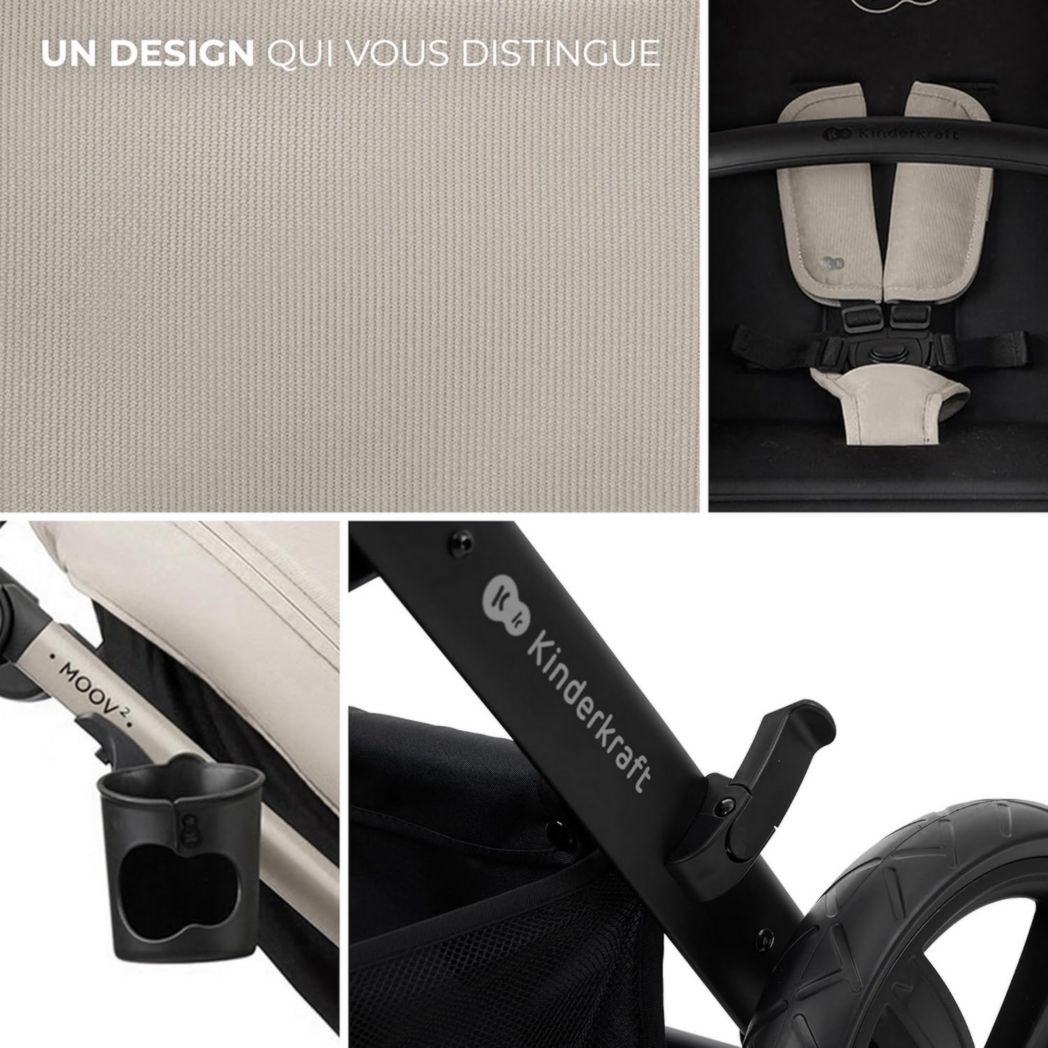 Poussette 3-en-1 Kinderkraft MOOV2, système de voyage de la naissance à 27 kg, siège auto Mink PRO I-Size inclus, pare-soleil extensible avec filtre UPF50+, accessoires pratiques, gris